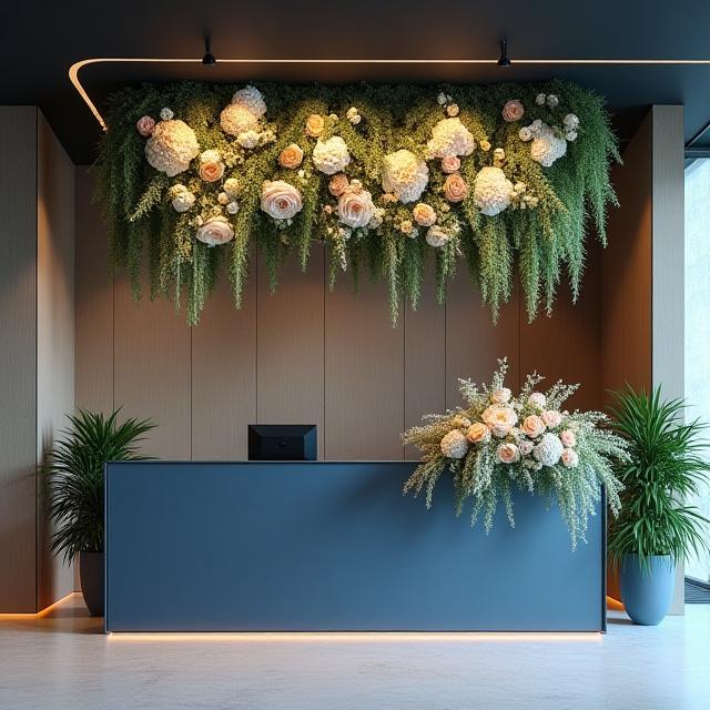Una reception di un ufficio decorata con una moderna composizione floreale.