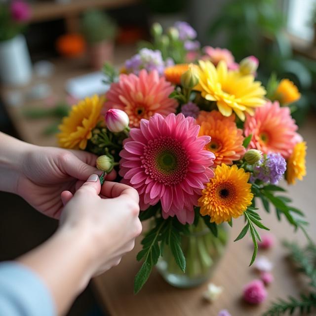Un fioraio che crea un bouquet personalizzato con fiori freschi.